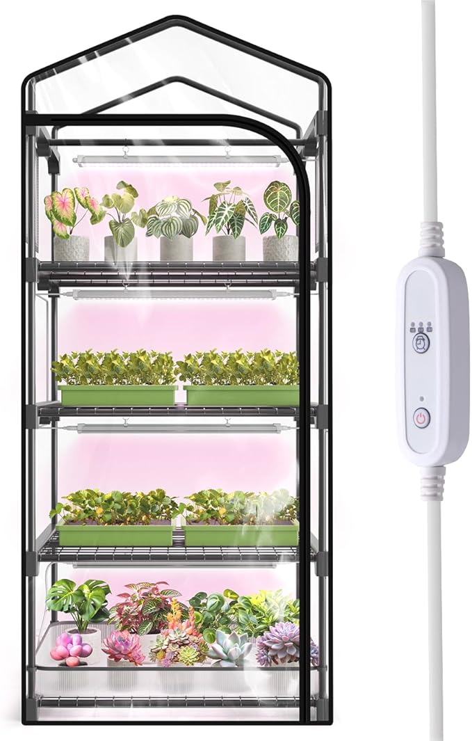Mini Indoor Greenhouse with Grow Light 4-Tier Plant Stand with Zippered Cover Ventilation Window Bottom Pouch 20W Full Spectrum Plant Light with Timer for Seedling 27L x 19W x 63H