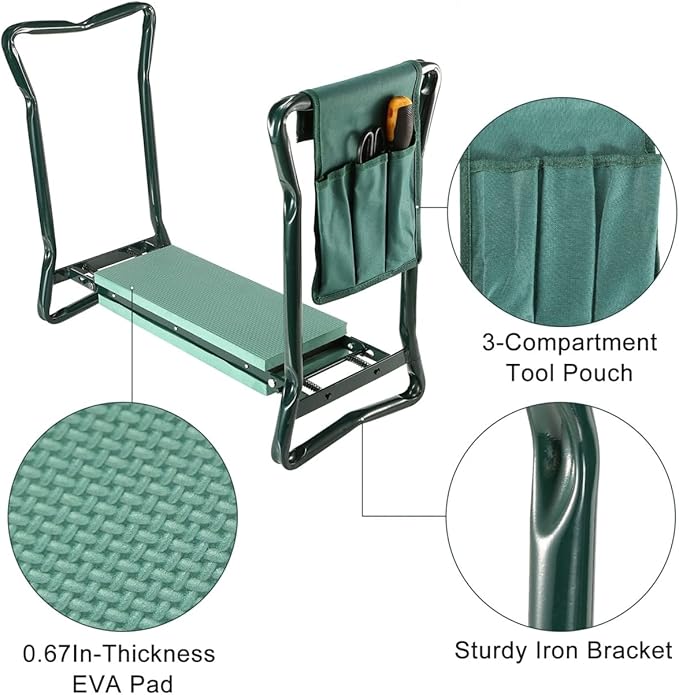 Foldable Garden Kneeler Seat w/ Kneeling Soft Cushion Pad Tools Pouch Portable Gardener Kneeling Bench Stool