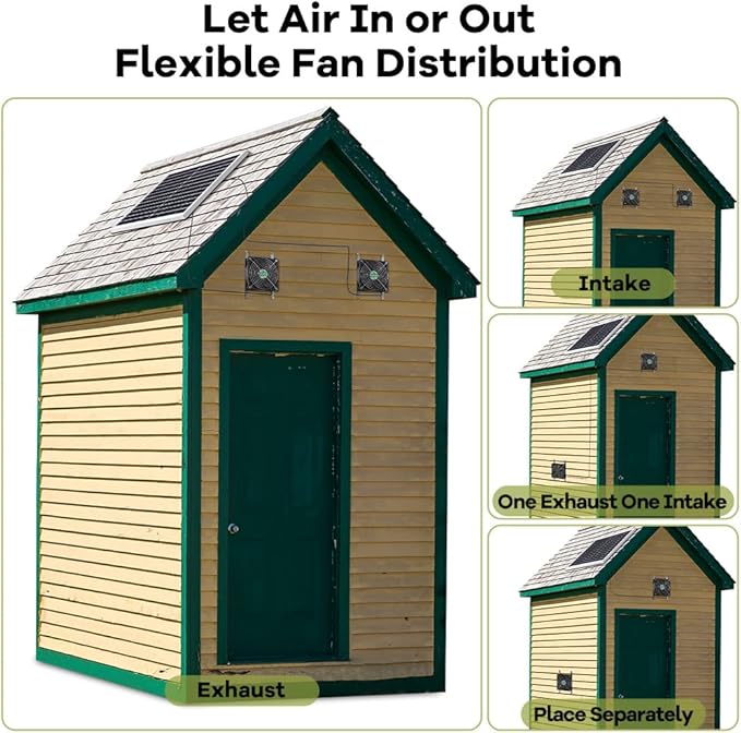Solar Powered Fan Solar Fan for Shed Chicken Coop Greenhouse Outside with Two IPX7 Waterproof 5In Fans 13Ft On/Off Switch Cable Exhaust Intake Mounting Way and Installation Kits