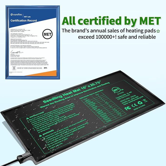 Seedling Heat Mat with Thermostat Pack of 1 Dual Certified by MET and UL Plant Heating Mat Pad Equipped with A Temperature Probe It Automatically Maintains A Constant Temperature