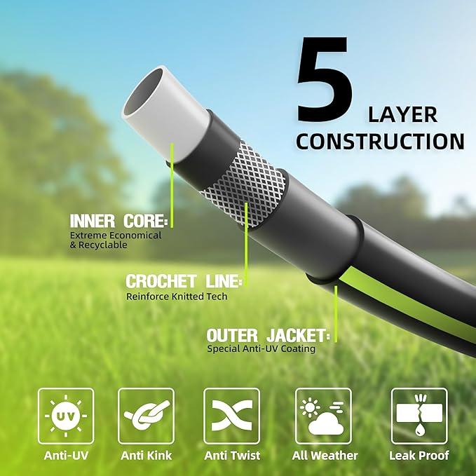 Worth Leader Long Garden Hose 5/8 in. x 50 ft. -No Kink Flexible Leakproof Male to Female Fittings -Heavy Duty Durable PVC Lightweight Water Pipe with Brass Aluminum Ends for Household &amp Yard U