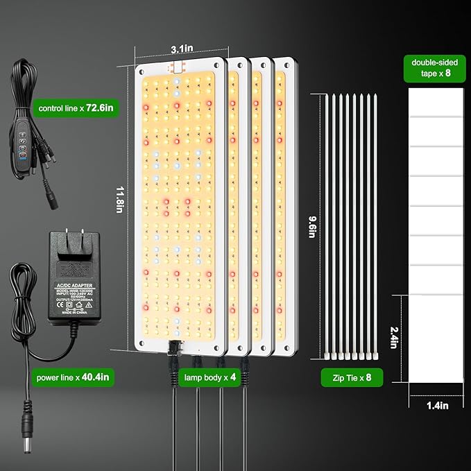 LED Grow Light Panel High Efficiency 616LEDs Under Cabinet Plant Growing Lamp Strip for Seedlings Veg Flowers 46W (4 x 11.5W) 3/9/12H Timer Ultra-Thin Full Spectrum LED Grow Lights