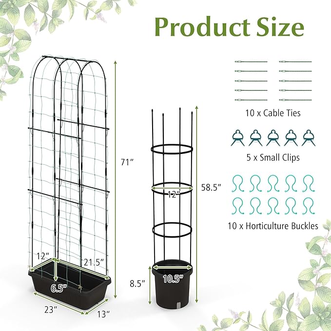 Happygrill 2 Pack Tomato Cage Metal Garden Trellis w/Adjustable Height &amp Self-Watering System for Vines Potted Plants Vegetables Tall Plant Support Tomato Trellis w/Planter Box