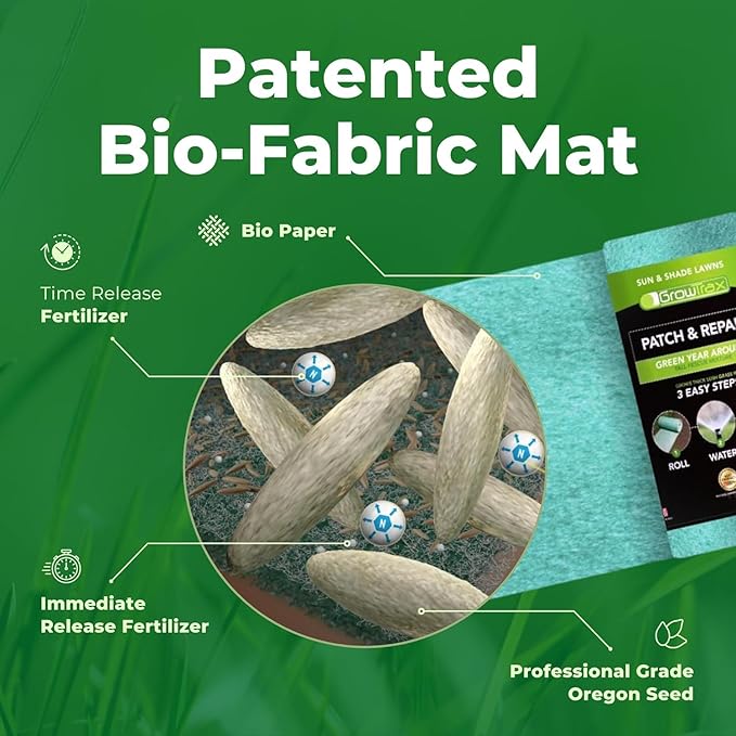 Growtrax Biodegradable Grass Seed Mat - 100 sqft Year Round Green - Grass Seed and for Lawns Dog Patches &amp Shade - Just Roll Water &amp Grow - No Fake or Artificial Grass