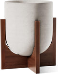 LE TAUCI 10 Inch Planter with Acacia Wood Stand Ceramic Planters for Indoor Plants Unique Plant Pots Indoor for Home Decor Cylinder Pots for Plants with Drainage Hole and Plug Neutral Gray