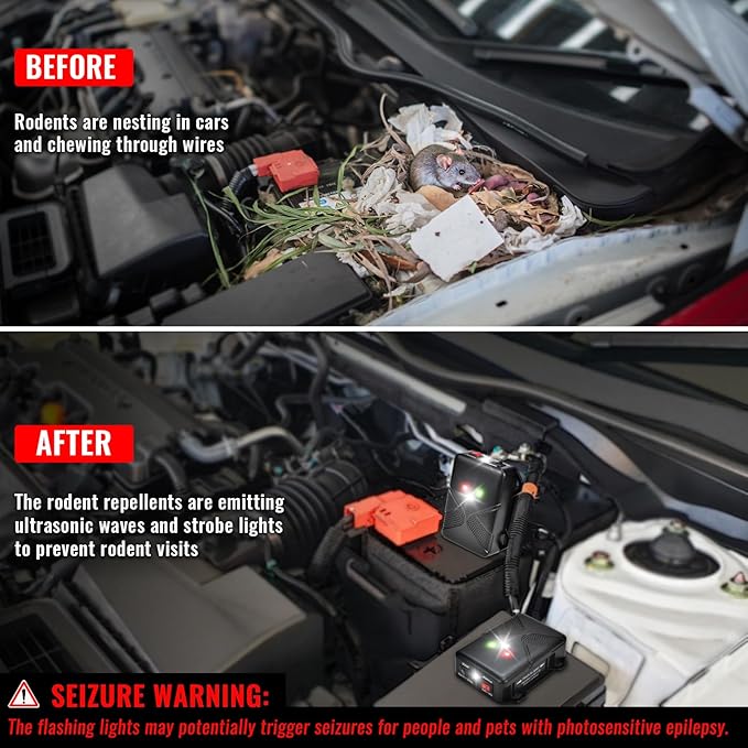 Under Hood Rodent Repeller Battery Operated Ultrasonic &amp Strobe Light Mouse and Rat Deterrent for Car Engines – Wireless Animal Repellent Device for Vehicle Pest Control