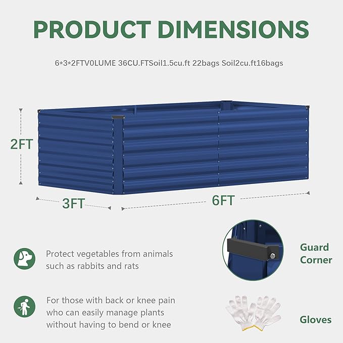 FOOWIN 2pcs 6x3x2ft Galvanized Raised Garden Bed Planter Raised Garden Boxes Outdoor Large Metal Raised Beds for Gardening Garden Bed for Vegetables Flowers Herb269 Gallon Capacity Royal Blue