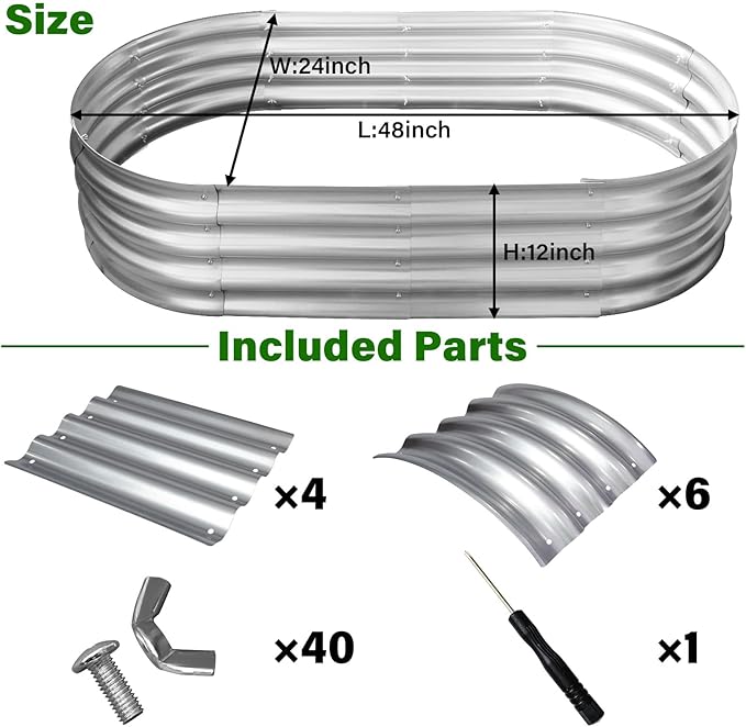 HGD Galvanized Raised Garden Bed for Outdoor: 4X2X1ft Durable Metal Vegetable Plant Container Kit - Oval Planter Box for Gardening Flower Trough