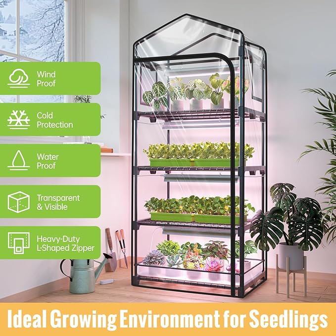 Mini Indoor Greenhouse with Grow Light 4-Tier Plant Stand with Zippered Cover Ventilation Window Bottom Pouch 20W Full Spectrum Plant Light with Timer for Seedling 27L x 19W x 63H