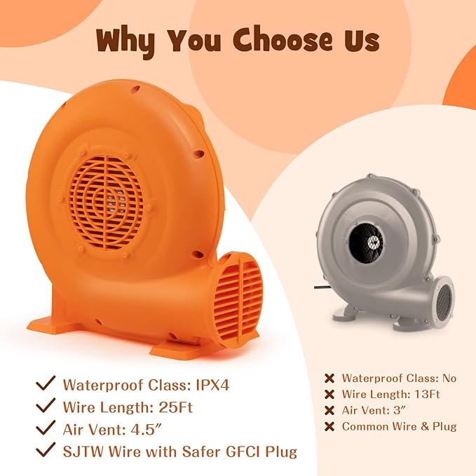 Costzon Air Blower 380W 0.5HP Bounce House Blower with 25 FT SJTW Wire &amp Stakes IPX4 Air Blower for Inflatables ETL GFCI Plug Perfect for Inflatable Bouncer Blower Jumper Bouncy Castle Oran