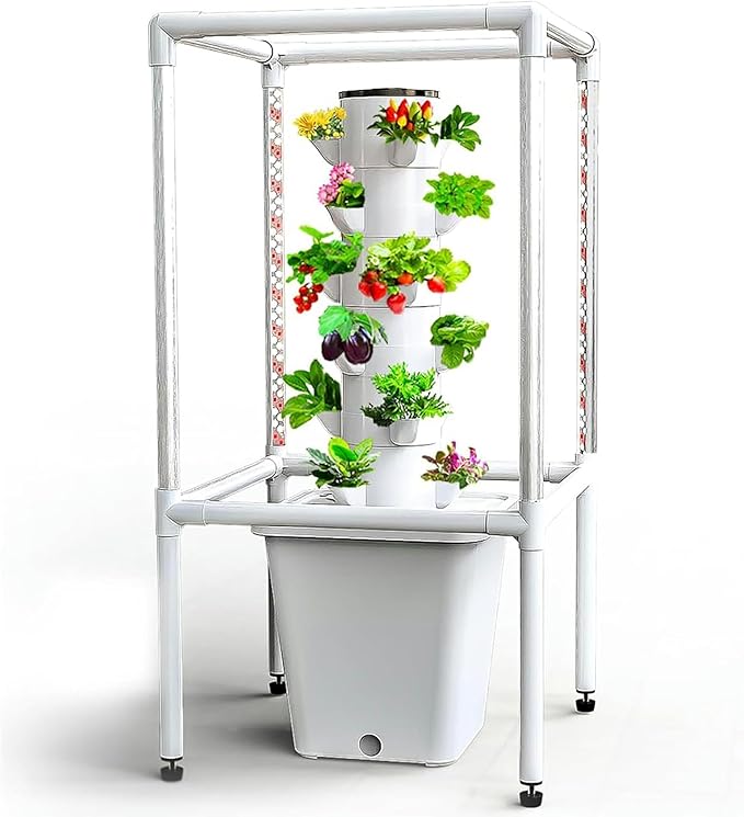 Hydroponic Culture 18 -Storey Hydroponic Tower Interior Vertical Garden with Timed LED Growth Light Nursery Germination Kit That Includes Level