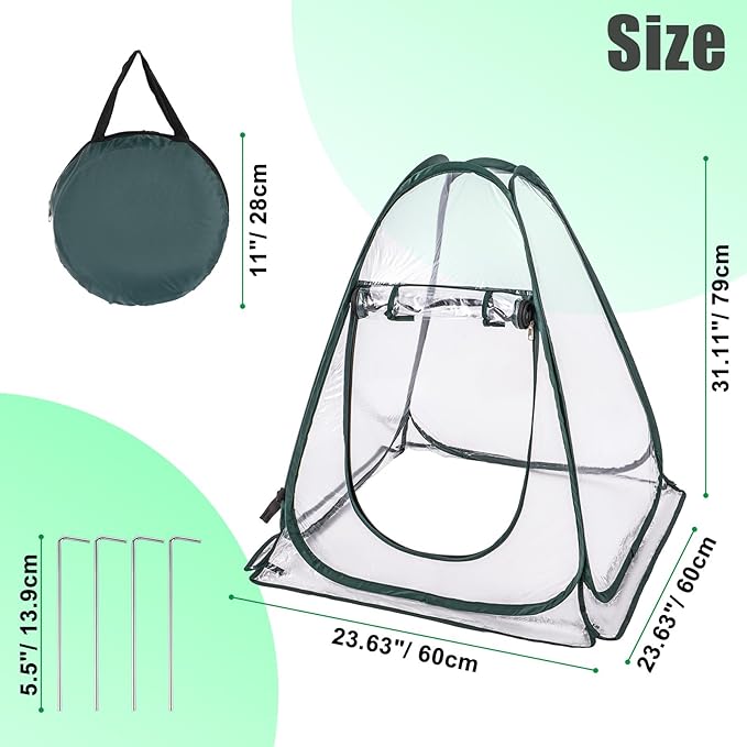 2 Pack Pop Up Greenhouse Plant Tent with 8 Ground Nails &amp 2 Carry Bags Roll-Up Door Easy Folding for Storage Creates Warmth for Plants Protection from Cold for Backyard (27.5 x 27.5 x 31.5