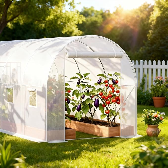 Premium 14.6x6.4x6.3 Ft Greenhouse for Outdoors Large Walk-in Heavy Duty Galvanized Steel Frame Mesh Door Screen Window Tunnel Hoop Garden Plant Winter Hot House for Backyard Plants Shed White