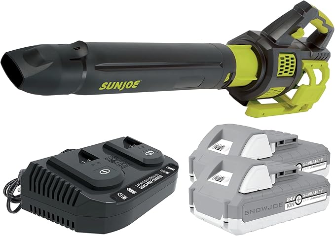 Sun Joe Cordless Brushless Turbine Jet Blower Kit with 2 Batteries &amp Charger 24V 133 MPH - Portable and Lightweight Battery-Powered Electric Equipment for Lawn Garden and Yard Care 24V-X2-JB5