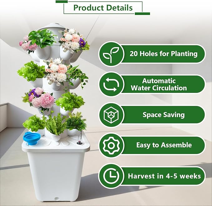 20 Plants Hydroponic Tower Hydroponics Growing System Tower Hydroponics Tower with Timer Automatic Watering Vertical Hydroponic Tower Planter Germination Kit for Herbs Vegetables Fruits