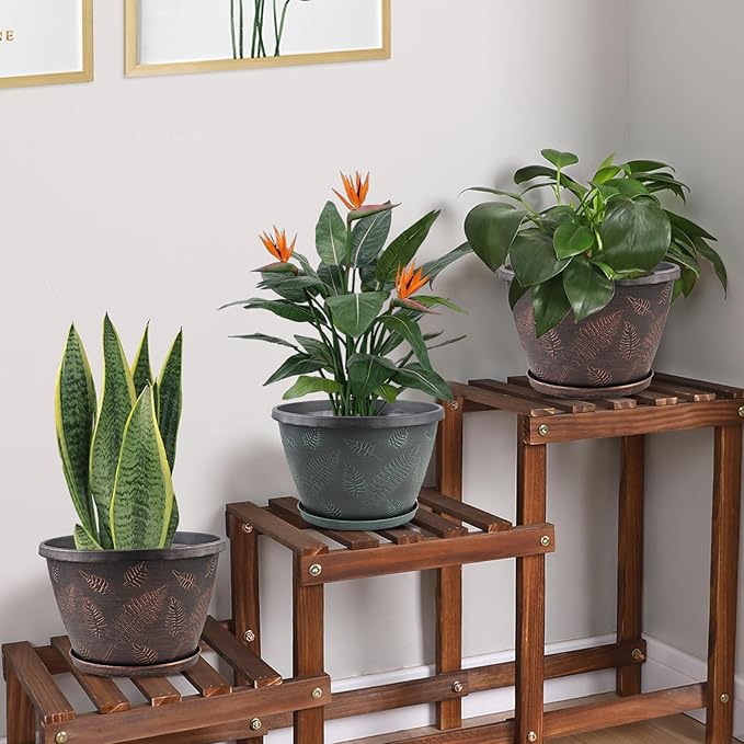 11 inch Plant Pot Set of 3 Plastic Flower Pots with Drainage Hole &amp Tray Decorative Round Planters for Indoor Plants Modern Outdoor Home Flowers Plants Garden Pots (Green)