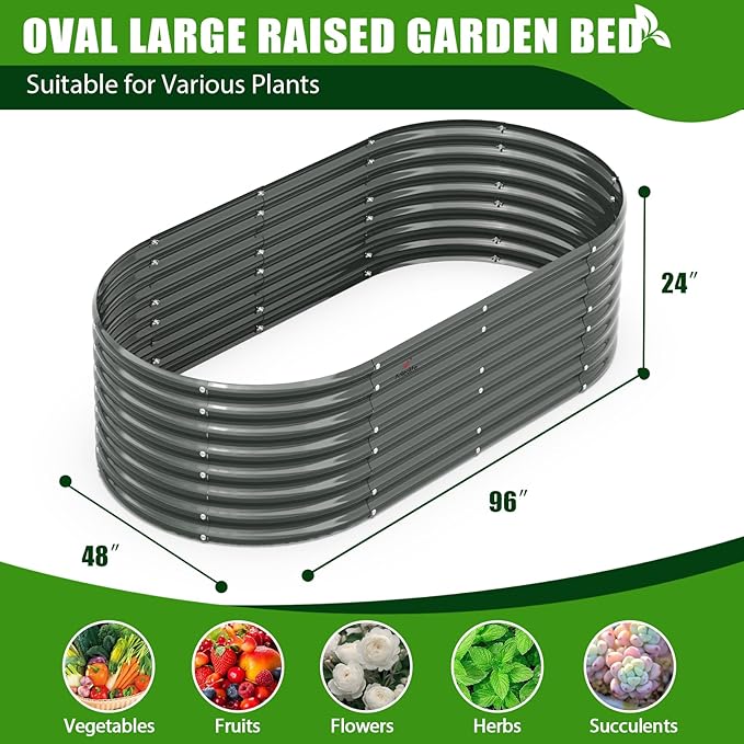 A ANLEOLIFE 8X4X2 ft Galvanized Raised Garden Beds Outdoor Oval Large Metal Deep Root Planter Box for Planting Vegetables Flowers Herb Anti-Rust &amp Easy-Setup Quartz Grey