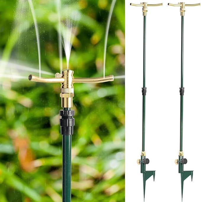 Hourleey 3-Arm Garden Sprinkler 2 Pack High-Rise Lawn Sprinkler with Adjustable Telescoping Base 360 Degree Rotation Sprinklers for Large Area Coverage Gardening Watering Lawn Irrigation System