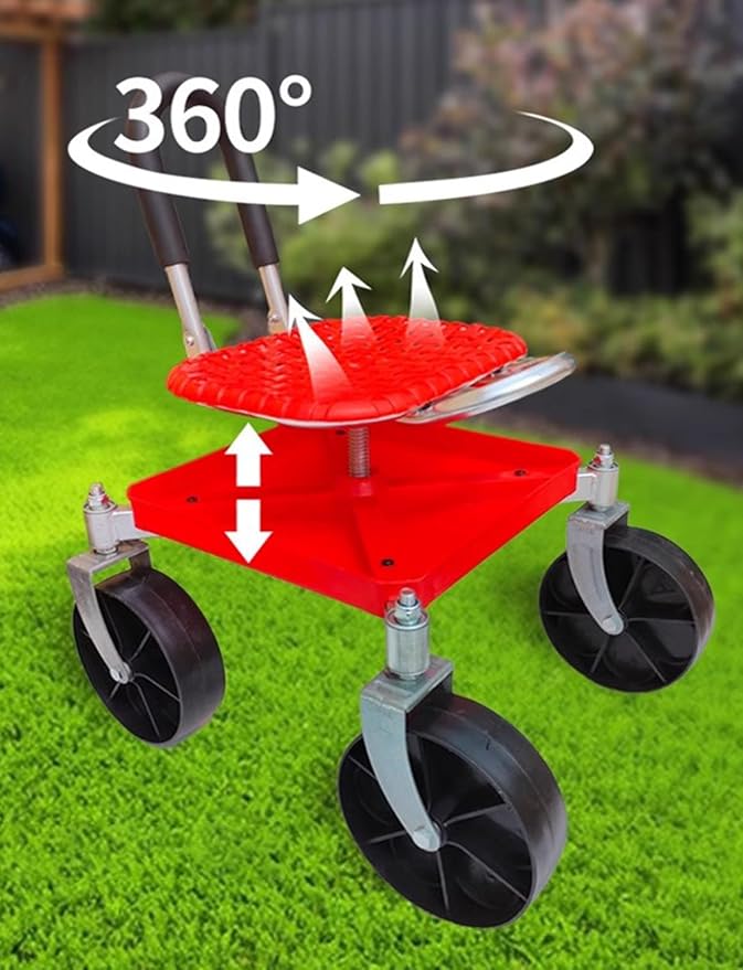 Rolling Garden SeatAdjustable Height Gardening Stools and Seats360° Rotating Gardening Seat with Wheels and Storage(Red)