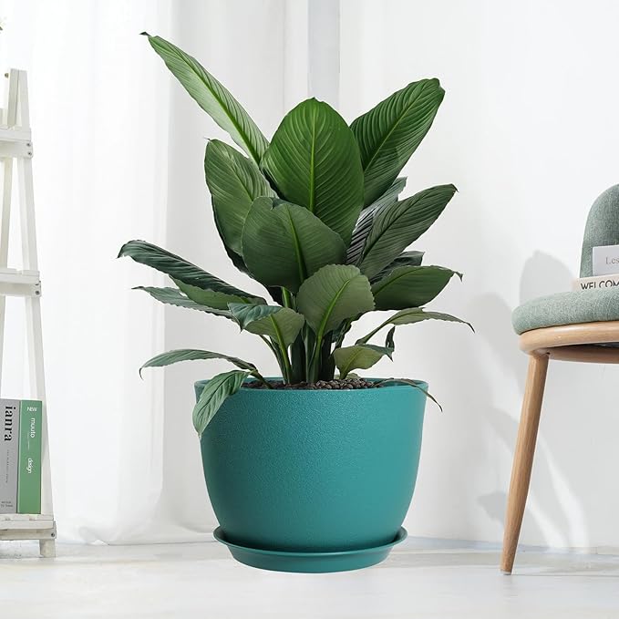 12/10/9 Large Modern Plant Pots Plastic Planters with Drainage Holes and Saucers for Indoor Outdoor Plants Flowers Malachite Green