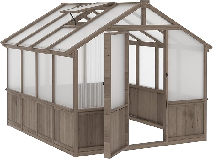 VEIKOU 8’x8’ Greenhouses for Outdoors Walk-in Wood Greenhouse with Cedar Frame &amp Adjustable Vents Garden Green House with 6MM Thick Polycarbonate Panel for Outside Backyard Light Brown Mocha