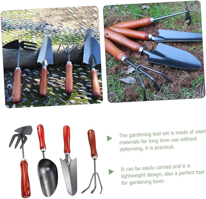 Beaupretty Garden Tool Set 4pcs Mini Hand Trowel Spade Rake with Ergonomic Handles for Planting and Digging in Pots and Gardens