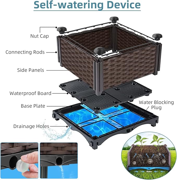Rattan Raised Garden Bed with Legs-Rectangular Elevated Deep Planters for Outdoor Plants Self Watering Planter Box 32L x 16W x 20H Rectangular Deep Garden Bed for Vegetables Flowers Herbs