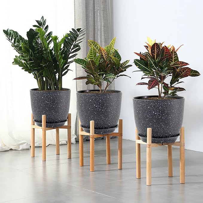 12/10/9 Large Modern Plant Pots Plastic Planters with Drainage Holes and Saucers for Indoor Outdoor Plants Flowers Black Speckles