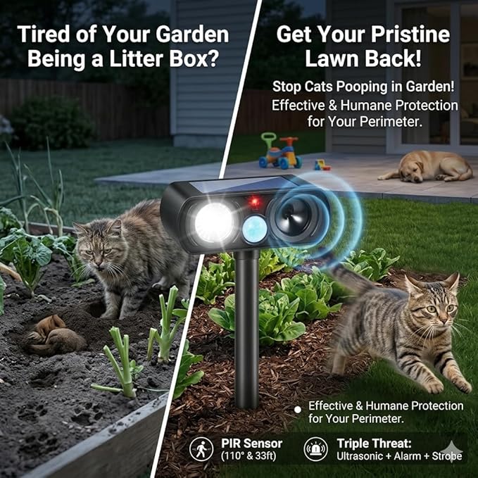 4Pack Feral Cat Repellent Outdoor Solar Ultrasonic Animal Repellent with Motion Detection and Flash LightStray Cat Deterrent Outdoor Keep Squirrel Raccoon Rabbit Away from Yard Garden Lawn