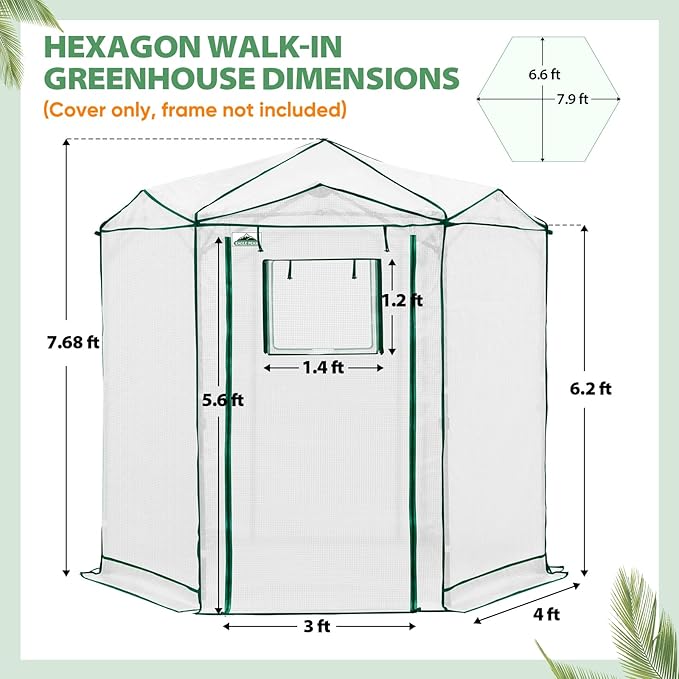 EAGLE PEAK Replacement Cover for 6.6x6.6 ft Hexagon Pop up Greenhouse Front and Rear Roll-Up Zipper Entry Doors and 2 Roll-Up Side Windows (Frame Not Included) White