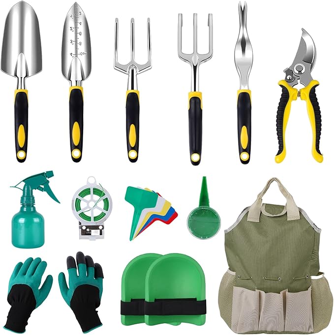 Garden Tools Set 12-Piece Heavy Duty Gardening Hand Tools with Fashion and Durable Garden Tools Organizer HandbagRust-Proof Garden Tool Set Ideal Gardening Gifts for Women