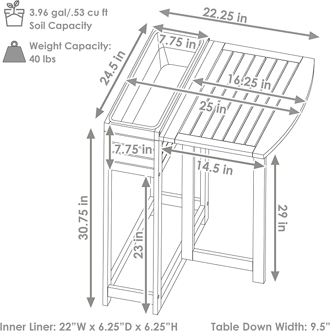 Sunnydaze Acacia Wood Raised Garden Bed with Shelf - Space-Saving Folding Tabletop with 40 lb Capacity - Gray
