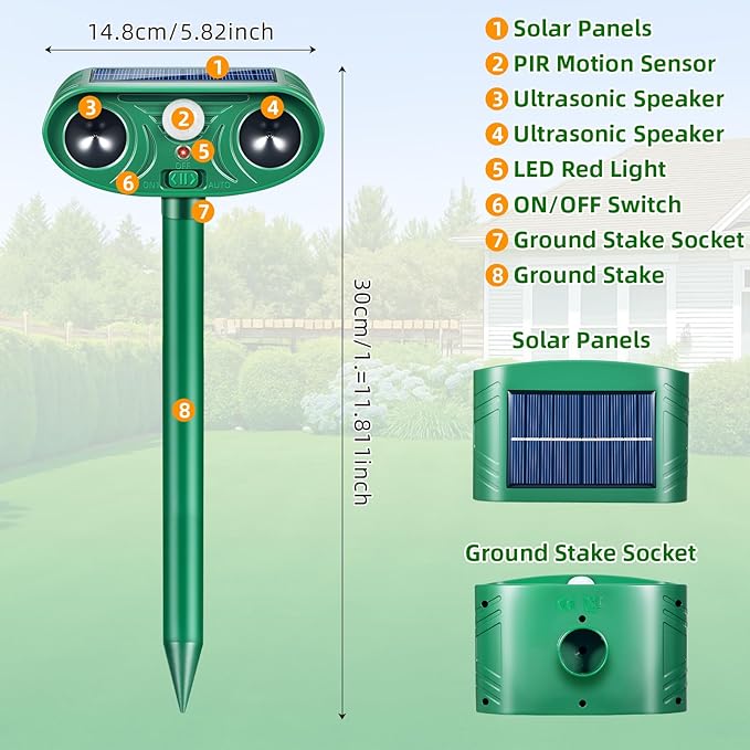 2026 Solar Animal Repellent Outdoor&ampCat Repellent Outdoor with Motion Deer Repellent Devices Ultrasonic Cat Deterrent Fox Raccoon Squirrel Rabbit Coyote Deterrent for Farm Orchard Garden 4 PCS