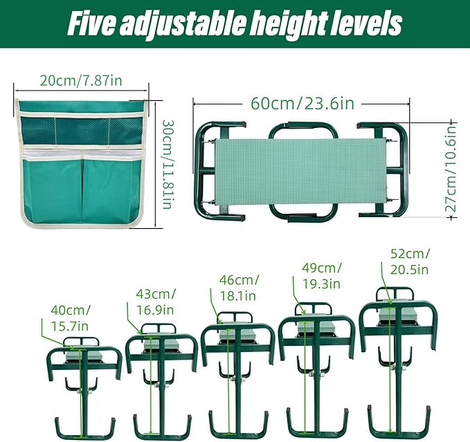 Adjustable Garden Kneeler and Seat Foldable Garden Kneeler and Seat with Wider Kneeling Pad and 2 Tool Pouches Height Adjustable Heavy Duty Gardening Stool