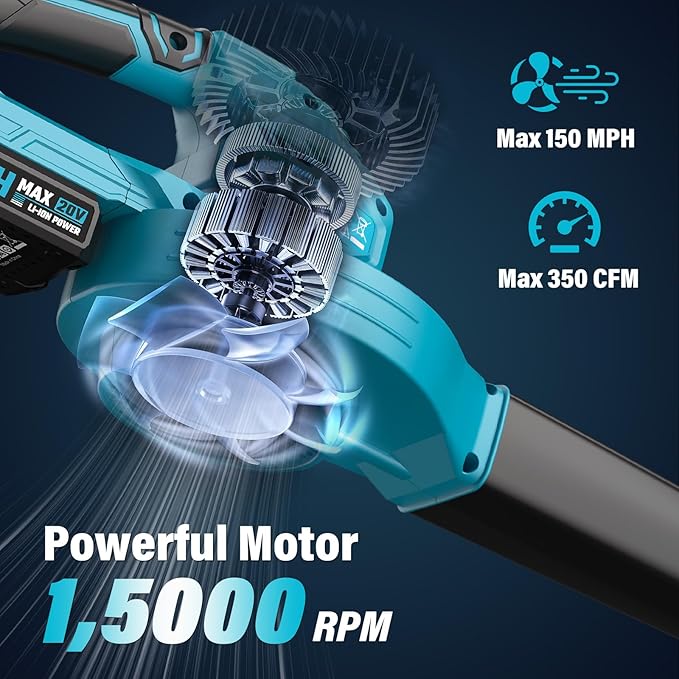 SEYVUM Leaf Blower 20V Cordless Blower with 2 x 2.0Ah Battery Electric Leaf Blowers for Lawn Care 350 CFM 150 MPH Battery Powered Leaf Blower for Patio Garden Cleaning Fast Charger Blue