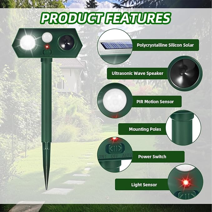 4 Pack Ultrasonic Solar Animal Repellent Cat Deterrent OutdoorDeer Repellent with Motion Sensor Strobe LightWaterproof Animal Repeller for Raccoon Squirrel Rabbit Dog SkunkYard Garden Protection