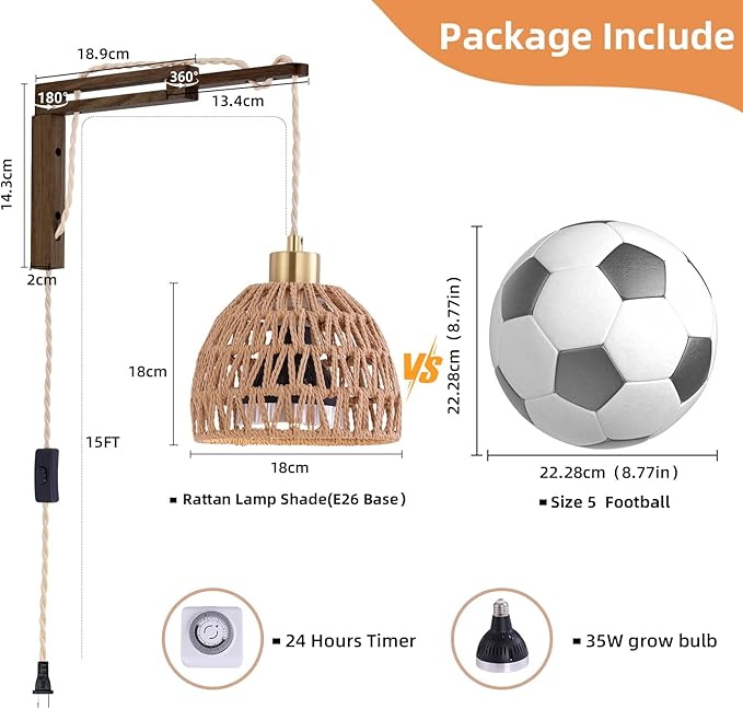 Hanging Grow Lights for Indoor Plants - 35W 4000K Full Spectrum Plant Light Wall Mounted Grow Light with Wooden Bracket Timer 15FT Power Cord Ideal for Plants Flowers &amp Home Decor