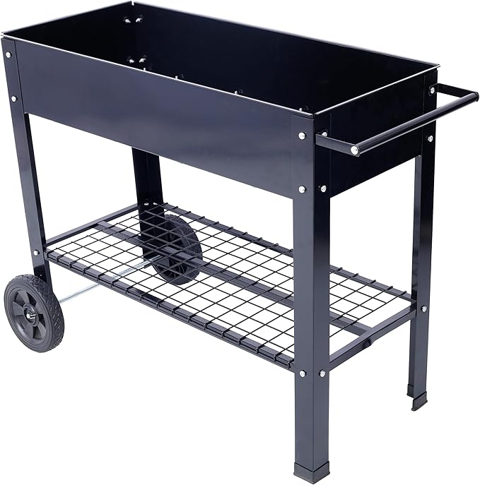Elevated Mobile Raised Ergonomic Metal Planter Garden Bed with Wheels Storage Shelf and Drainage Holes 42.25x19.5x31.5 Black