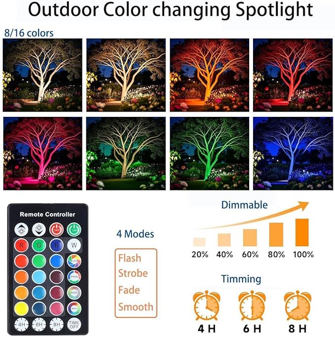 SHOYO Spotlights Colored with Timer Outdoor Yard Spot Lights 120V RGB Waterproof Memory Dimmable Uplights with Spiked Stand for Flags Lawn Porch Backyard 2 Lights