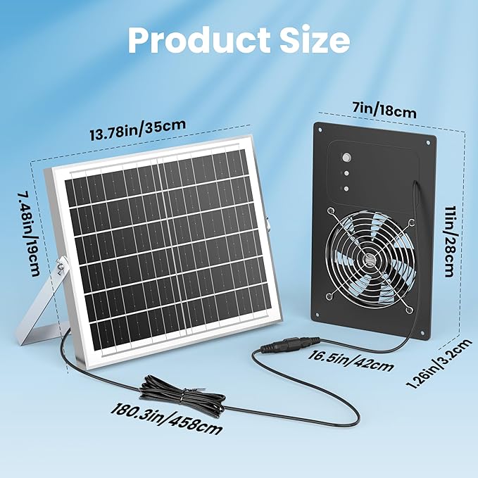 Solar Fan with Battery 15000 mAh and Timer - 25W Powered Exhaust Fan High Wind Speed Rainproof for Outdoor Greenhouse Chicken Coop Doghouses Shed Vent Windows