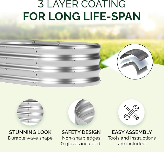 IDZO Large Oval Metal Raised Garden Bed Kit Durable Silver Galvanized Raised Garden Bed Outdoor for Vegetables Herbs Flower Easy to Install with Included Tools 4x2x1 Feet
