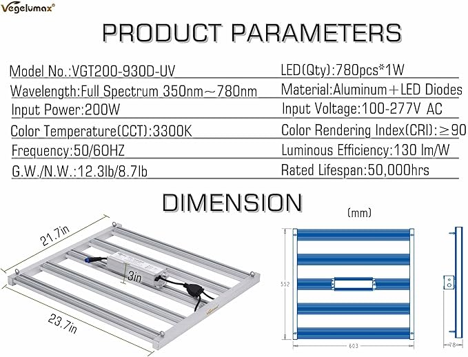 200Watt LED Grow Light 5 Bars with 780pcs DiodesUV IR includedFull Spectrum Growing Lamp 100-277V Dimmable Driverfor Plant Seedling Growth Vertical Farming Veg Flower Bloom4X4ft coverage