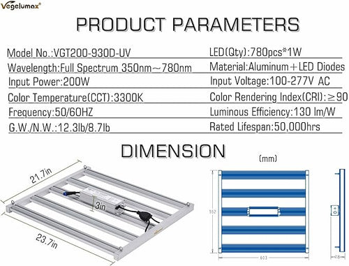 200Watt LED Grow Light 5 Bars with 780pcs DiodesUV IR includedFull Spectrum Growing Lamp 100-277V Dimmable Driverfor Plant Seedling Growth Vertical Farming Veg Flower Bloom4X4ft coverage