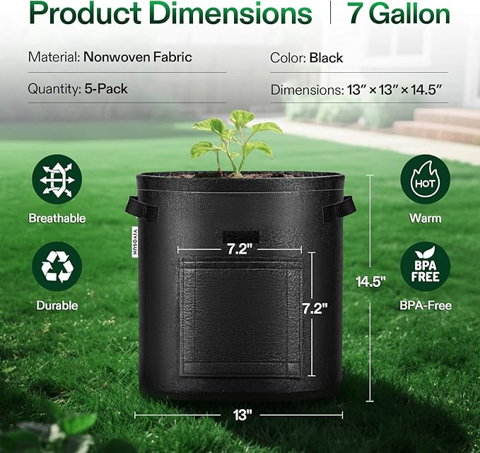 VIVOSUN 5-Pack 7 Gallon Potato Grow Bags Fabric Pots With Handle and Roll-up Window Planter Containers for Growing Potatoes Black