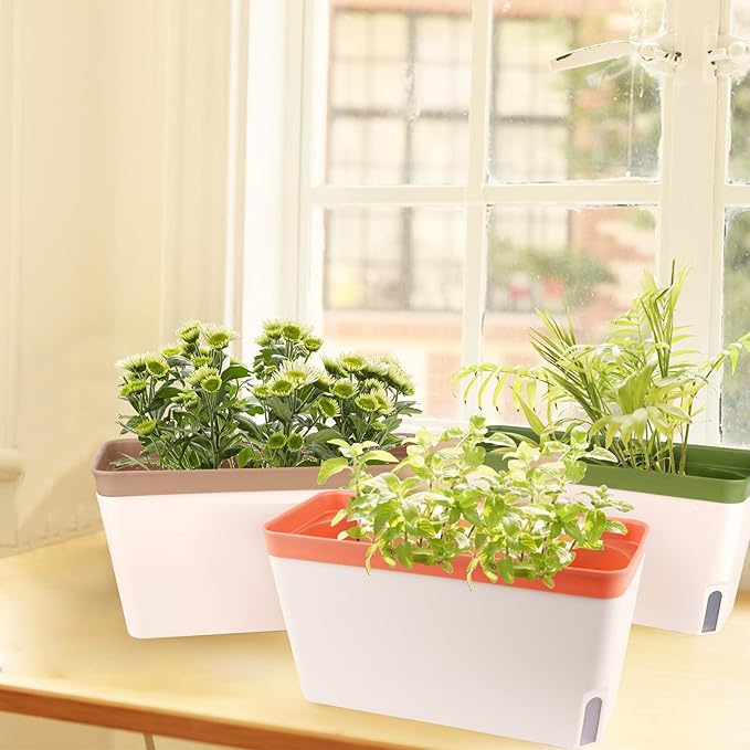 OurWarm Windowsill Herb Planter Box Indoor Set of 3 10.5 Inch Self Watering Planter Pots with Visual Water Level Window Modern Plastic Plant Pots for Herbs Vegetables Succulents Plants