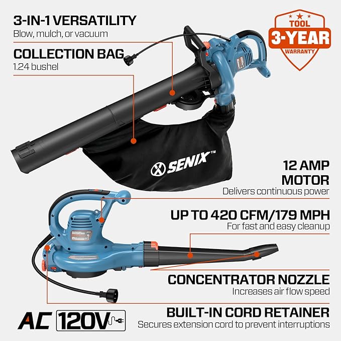 SENIX 12 AMP Leaf Blower 3-in-1 Handheld Electric Leaf Blower Vacuum and Mulcher 420 CFM 179 MPH AirflowCorded Blowers with Reusable Collection Bag (BLVE12-M)