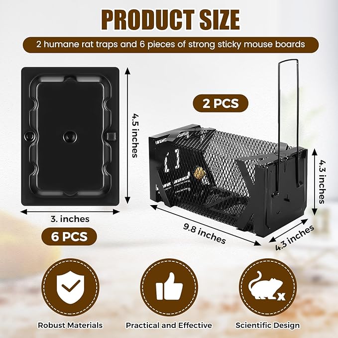 Qualirey 2 Pack Humane Rat Trap 9.8 Inch Upgraded Chipmunk Rodent Squirrel Trap with Adhesive Pre Baited Glue Boards Small Live Animal Catch and Release Hamsters Live Cage for Outdoor Indoor Home