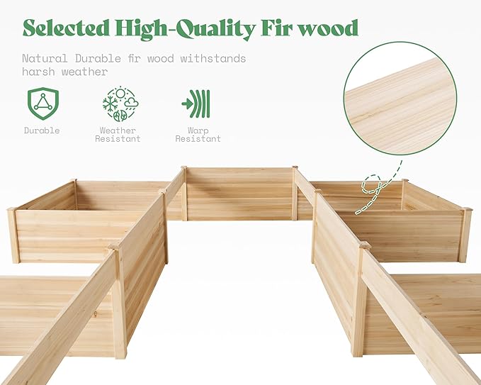 AMERLIFE 12x12x2 FT Wooden Raised Garden Bed H-Shaped Planter Box with Double-Layer Design 180 Cu. Ft Capacity for Outdoor Patio &amp Backyard