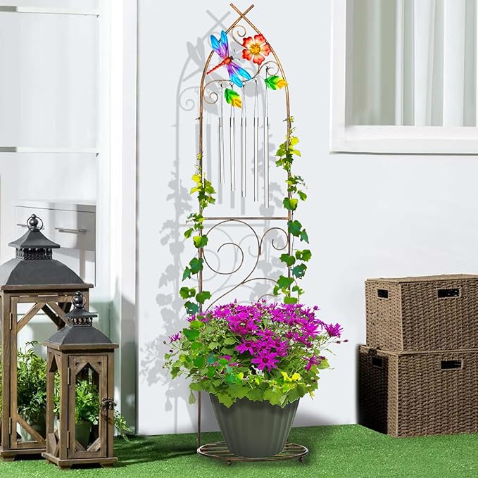 Garden Trellis with Plant Stands 48” Metal Detachable Dragonfly Plant Pot Trellis with Wind Chimes for Climbing Plants Outdoor Lawn Patio Porches Decor
