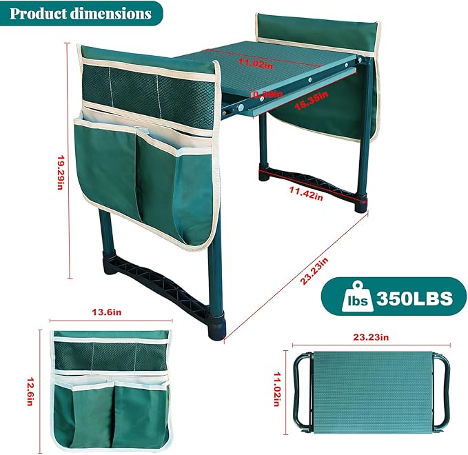 Heavy-Duty Garden Kneeler and Seat with Two Tool Bag Extra-Wide 11.02 Foldable Gardening Stool for Knee &amp Back Support | Non-Slip Portable Bench for Women Men Seniors Mom Dad